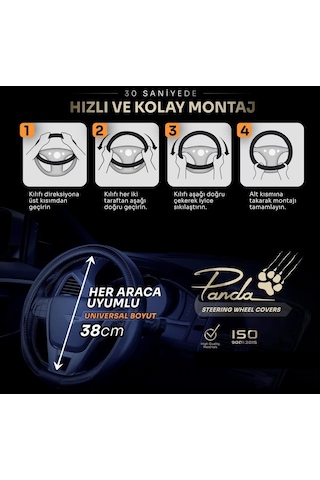 Panda Oto Direksiyon Kılıfı - Deri / Karbon-füme