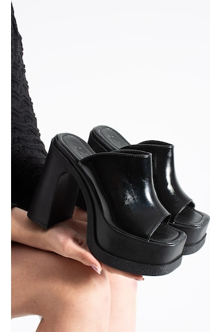 Dabab Shoes Monelıa Kadın Siyah Rugan 13 Cm Platform Topuklu Önü Açık Kalın Topuklu Terlik Sandalet