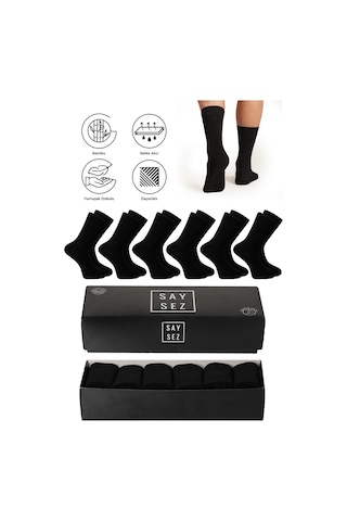 Saysez Bambu Erkek Soket Uzun Siyah Çorap Dikişsiz Premium Kutulu 6'lı Siyah