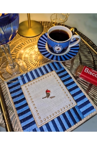 2 Adet Mavi Pip Studio Uyumlu Nakışlı Love Bird Detaylı Kokteyl Sunum Peçetesi Çok Renkli