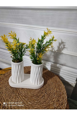 Mini Desenli İkili Beton Saksı Ve Oval Tabak - Yapay Çiçek Hediyeli - Sarı