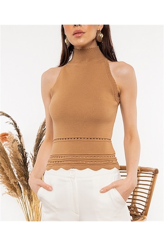 Aqe Fashion Kadın Halter Yaka Dantel Detaylı Bluz Camel-Camel