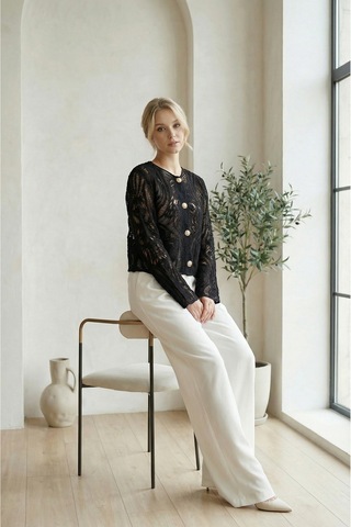 Sayzen Your Shine Dantel Desenli Gold Düğmeli Basic Ceket Shn-2602-tg Siyah