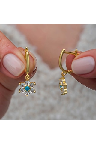 Artsmagazinmücevher Gümüş Mavi Taşlı Gold Çiçek Kadın Küpe