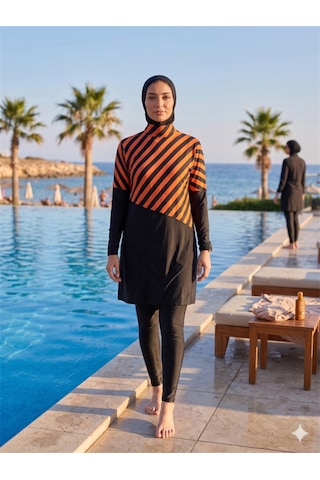 Modenya Arias Closet Paraşüt Turuncu Çizgili Tam Kapalı Büzgülü Spor Likralı Tesettür Mayo Takımı Siyah