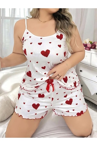 Red Womans Büyük Beden Kalp Desen Pamuklu Şortlu Pijama Takımı Beyaz