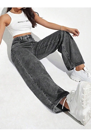 Palazzo Pantolon Füme Yüksek Bel Geniş Paça Bol Kesim Premium Jeans Gri