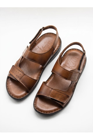 Fame Step Hakiki Deri Unisex Ortopedik Sandalet Yumuşak Taban Cırtlı Comfort Yazlık Günlük Terlik Taba