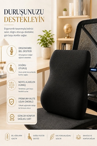 Ortopedik Visco Bel Ve Sırt Destek Minderi Ofis Koltuğu, Araç Ve Ev İçin Ergonomik Konfor Siyah