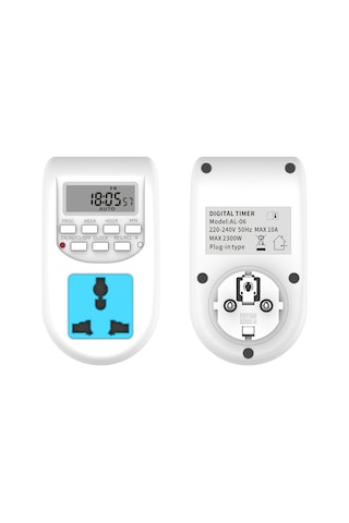 Wezone Eu Standartlı 24 Saatli Sayısal Gösterimli Zamanlayıcı, 2 Lü Priz, 10a, Akıllı Kontrol, Pc Ve Bakır Malzeme, Al-06 Modeli
