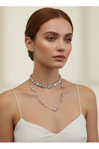 Valmont Accessories Kadın Gümüş Renk Sıralı Swarovski Taşlı Zarif Kolye