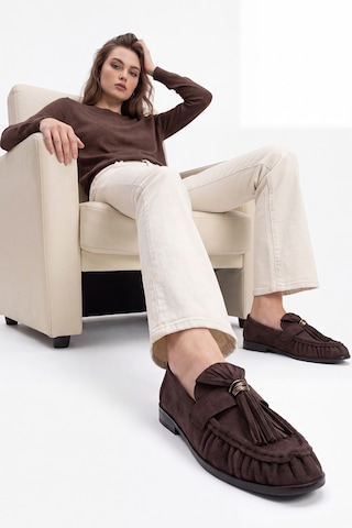 Luvi Shoes Marston Kahverengi Süet Püsküllü Kadın Loafer Ayakkabı