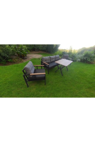 Pi Elize Bahçe Balkon Mobilyası Antrasit Gri 3+1+1 Perla Çam Masa Antrasit - Gri