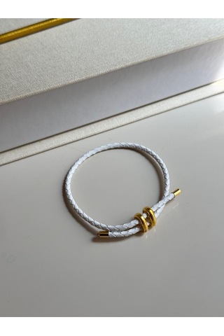 Beyaz Deri Görünümlü Çift Dolamalı Çelik Detaylı Bileklik Unisex Tasarım Altın