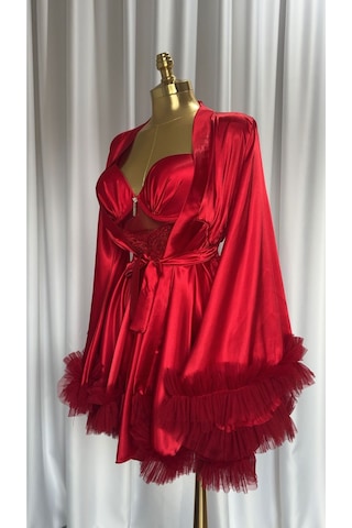 Mh Moony Homewears Kutulu Manolya Kırmızı Saten Kol Detay Gecelik Sabahlık Olay Kırmızı