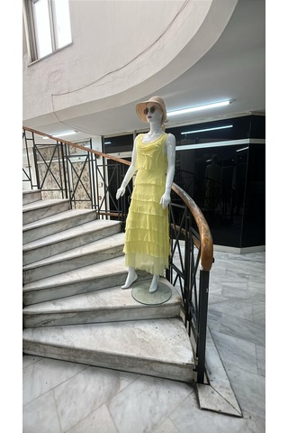 Italyan 2 Beden İnce Gösteren Kat Kat Sıfır Kol İpek Elbise-8769 Açık Sarı