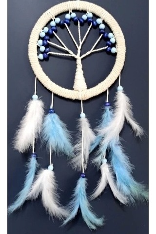 Mavi Beyaz Kuş Tüylü Hayat Ağacı Düş Kapanı Duvar Süsü