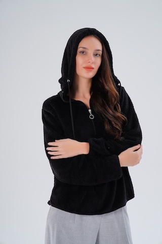 Paw Garage Kadın Büyük Beden Geniş Kalıp Wellsoft Kumaş Kapüşonlu Sweat - İçi Dışı Peluş Tasarım, Sıcak Tutar Siyah
