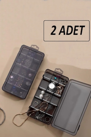 Bayev 2'li Füme Ayarlanabilir Bölmeli Düzenleyici Takı Kolye Boncuk Ilaç Küpe Yüzük Kutusu Organizer