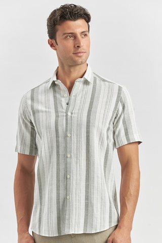 İmza Koyu Haki Kısa Kollu Çizgili Armürlü Pamuklu Casual Slim Fit Dar Kesim Gömlek 1004240243 Koyu Haki