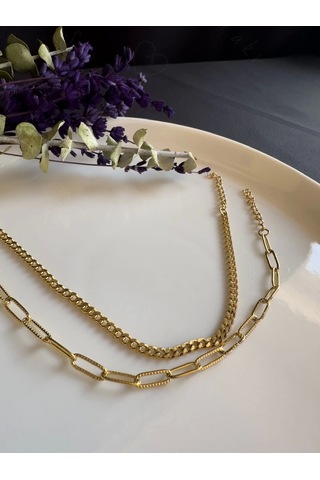 Sevgili Takı Paperclip Gurmet Model İki Zincirli Gold Çelik Bileklik Silver