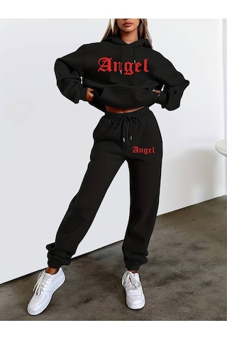Hırsch Siyah Kadın Oversize Basic Kapüşonlu Lastikli Angel Baskılı Pamuklu Eşofman Takımı Siyah