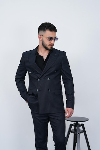Dupont Classics Dupont Slim Fit Sivri Yaka 6 Drop Çift Yırtmaç Çizgili Viskon Kruvaze Erkek Takım Elbise Lacivert