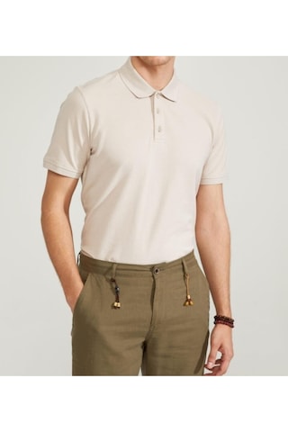 Nacar Store Erkek Mavi Polo Yaka Slimfit Basic Tshirt Krem