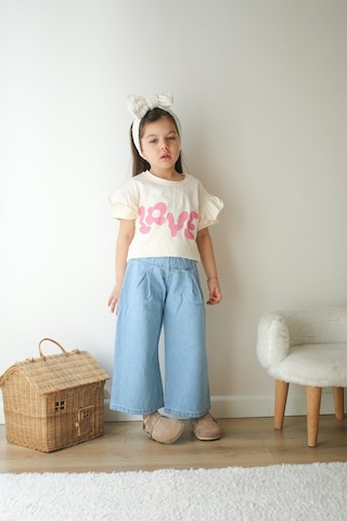 Kız Çocuk Fırfır Kol Love Baskılı Tshirt Yüksek Bel Geniş Paça Kot Pantolon Altüst Takım Jean Mavi