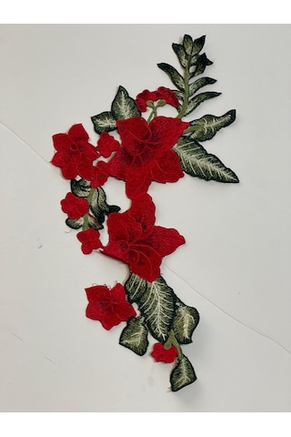 38x19 Cm Nakış Işleme Kırmızı Gül Güpür Yama Aplik