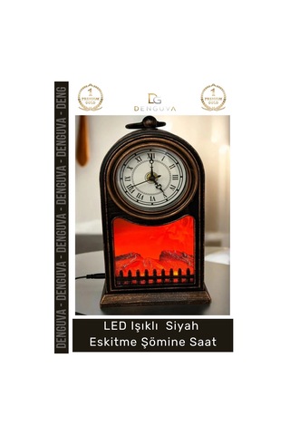 Saat Vintage Dekoratif Alev Efektli Masa Saati Fener Led Işıklı Siyah Eskitme Şömine Saat Çok Renkli