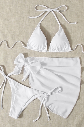 Angelsin Pareolu Bağlamalı 3'lü Bikini Takım Set Çıkartılabilir Kaplı Beyaz