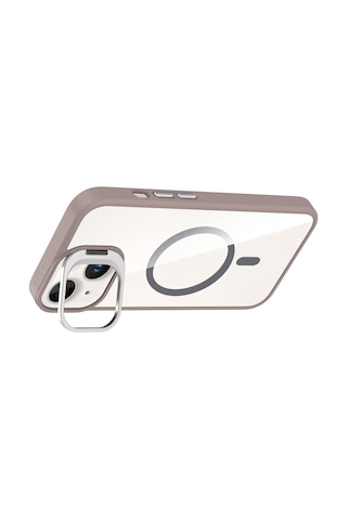 iPhone Uyumlu 14 Kılıf Standlı + Kamera Lens Koruma Setli M-safe Şarj Özellikli Mkst Etro Kapak Gri Gri