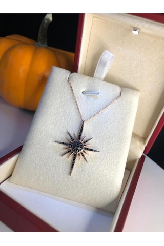 Kuzey Yıldızı Kutup Yıldızı Motifli Siyah Oniks Taşlı Gümüş Işıklı Kutuda Sevgiliye Eşe Kolye