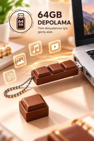 Usb Flash Bellek 64gb Çikolata Görünümlü Anahtarlıklı Usb Drive Usb02 Kahverengi