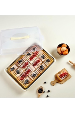 Flosoft Dikdörtgen Kek Pasta Börek Saklama Kabı Kilitli Borcam Taşıma Kabı Büyük Boy 45 Cm Kahve