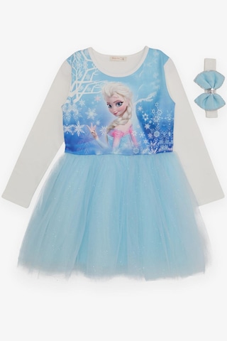 Babely Kız Çocuk Uzun Kollu Elbise Karlar Kraliçesi Elsa 5-10 Yaş, Mavi Mavi