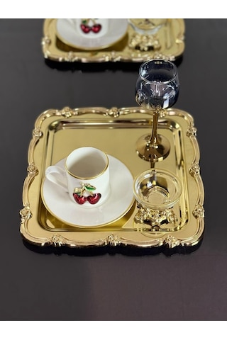 6 Adet Sunum Tepsisi & Kahve & Çay Tepsisi- Gold Tepsi Döküm Gold Gül Çerçeveli Gümüş