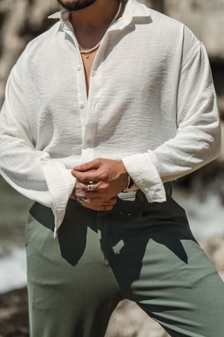 Cool Tarz Erkek Uzun Kollu Gömlek Yaka Keten Oversize Gömlek Beyaz