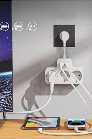 Çoklu Kablolu Priz Dönüştürücü, 1 Usb Ve 2 Type-c Girişli Yüksek Akım Koruması 0