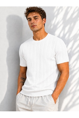 Ribana Erkek Bisiklet Yaka Kısa Kollu Esnek Örme Triko T-shirt 26091 Beyaz