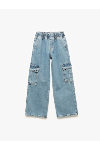 Koton Pamuklu Cep Detaylı Geniş Paça Kargo Denim Pantolon Lıght Indıgo 6wkg40026ad Açık Mavi