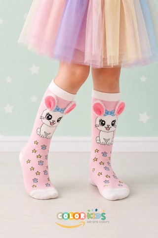 Color Socks 1 Çift Kedi Peluş Pembe Renk Kulaklı Çocuk Çorap Topuksuz