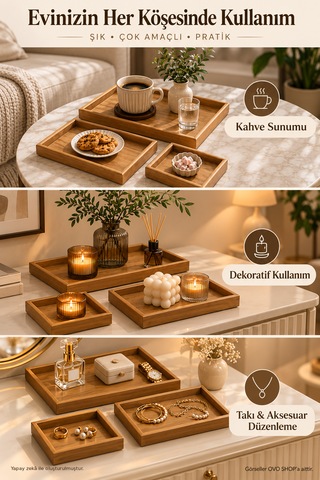 Bambu Tepsi 3'lü Set - Sunum Ve Dekoratif Tepsi Kahverengi