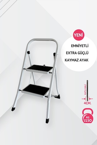 Portalife 2 Basamaklı Beyaz Çelik Merdiven Ekstra Güvenli & Ultra İnce Katlanabilir Tasarım