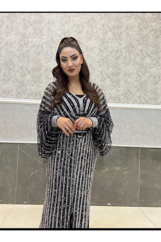 Tesettür Abiye 38 50 Beden Gümüş - Siyah