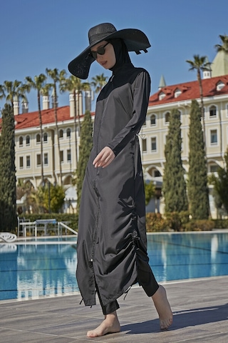 Remsa Tasarım Tam Kapalı Tesettür Mayo Tam Boy Uzun Boy R027 Fatma Siyah Siyah