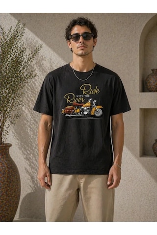 Modi Erkek Motosiklet Baskılı Tişört Bisiklet Yaka Kısa Kol Yazlık T-shirt - Siyah Açık Lacivert - Gri - Siyah