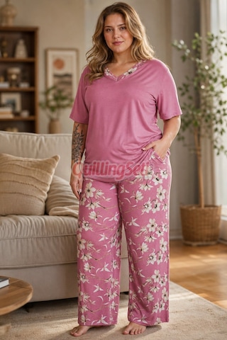 Lady Pembe Renk, Çiçek Desenli 11060 Kısa Kol Kadın Büyük Beden Anne Pijama Takımı