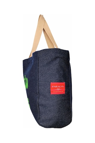 Faralya Life Mavi Kot Denim Çanta Baskılı Pamuk Bez Çanta 52x42 Cm 60 Cm Sap Uzunluğu Yeşil